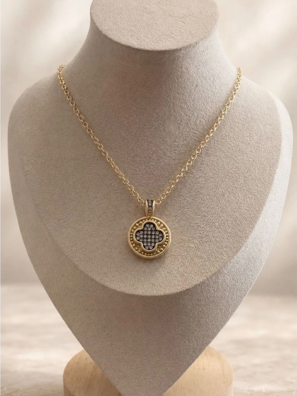 New Matte Gold & Hematite Clover Pendant Necklace